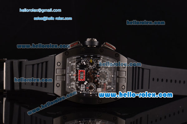 Richard Mille RM011 Swiss Valjoux 7750-SHG Automatic Black PVD Case Numeral Markers with Black Rubber Strap and Skeleton Dial - Click Image to Close